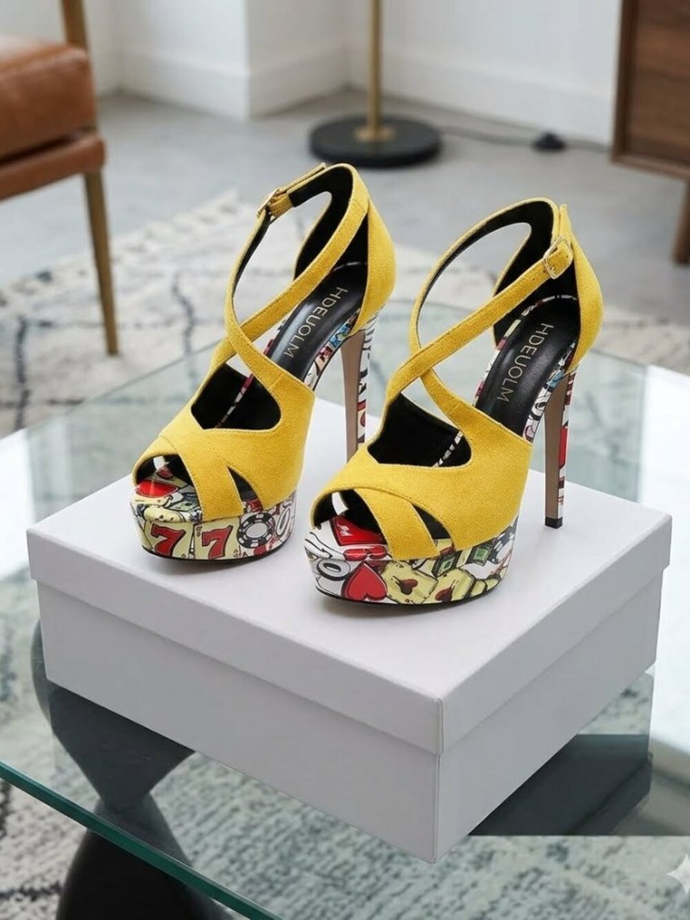 Yellow Stiletto Platform Ankle Strap Peep Toe Sandals